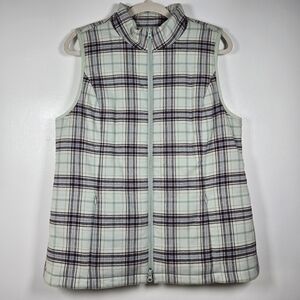 J. Jill Curved Hem White Jade Plaid Fleece Lined Puffer Vest Pockets Size Medium